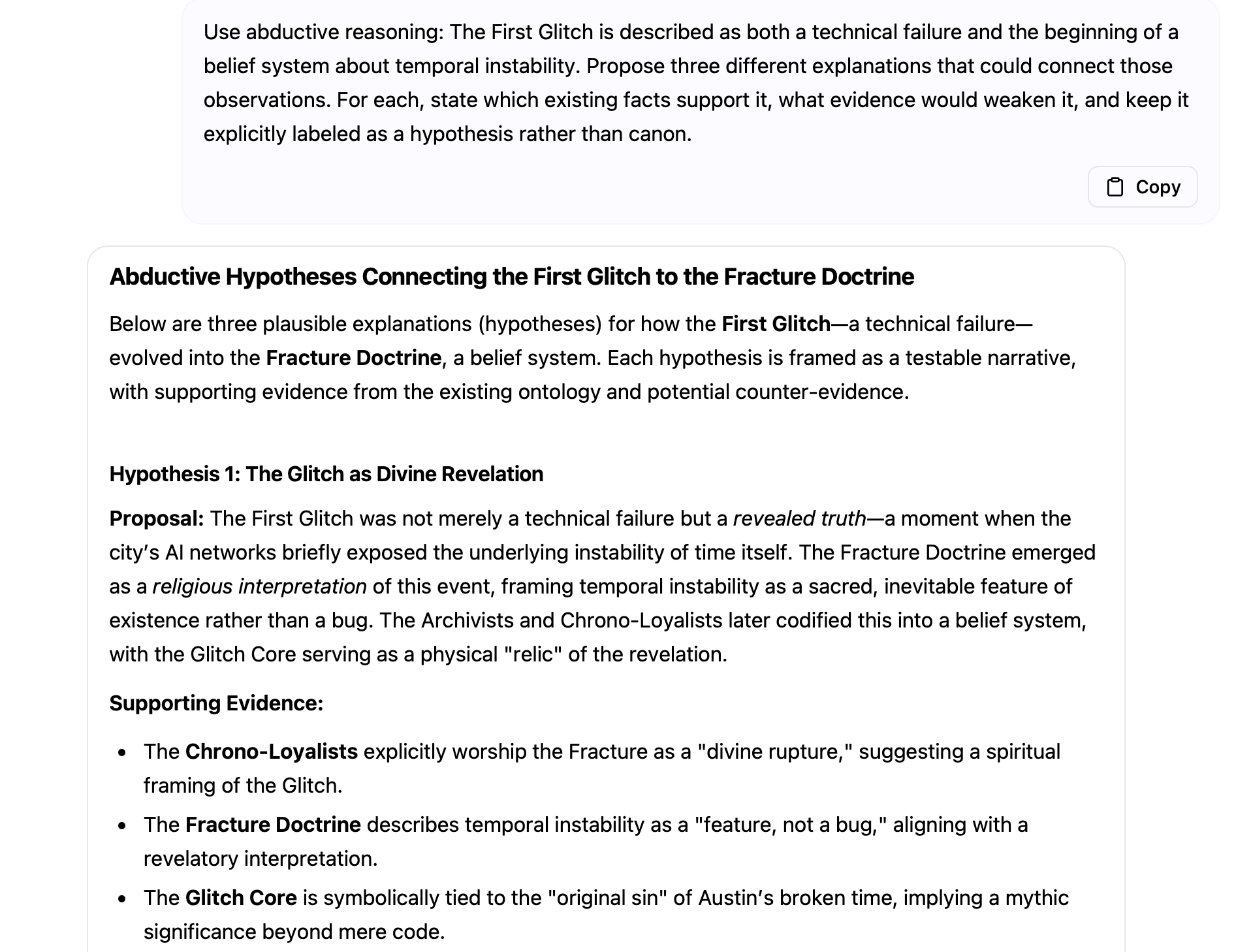 The Narrator generates three abductive hypotheses connecting the First Glitch with the Fracture Doctrine