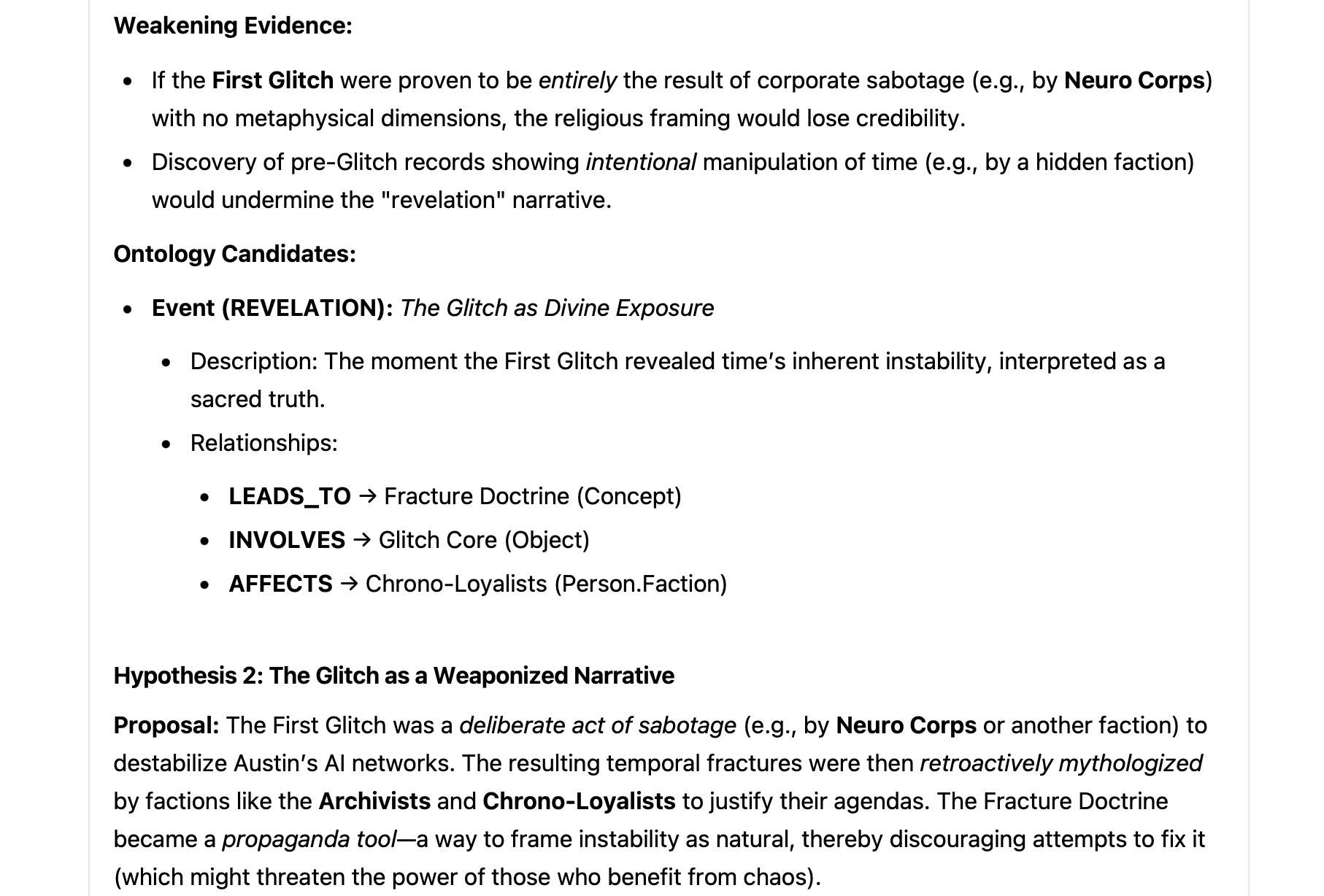 A Narrator hypothesis with weakening evidence and ontology candidates connected through explicit relationships
