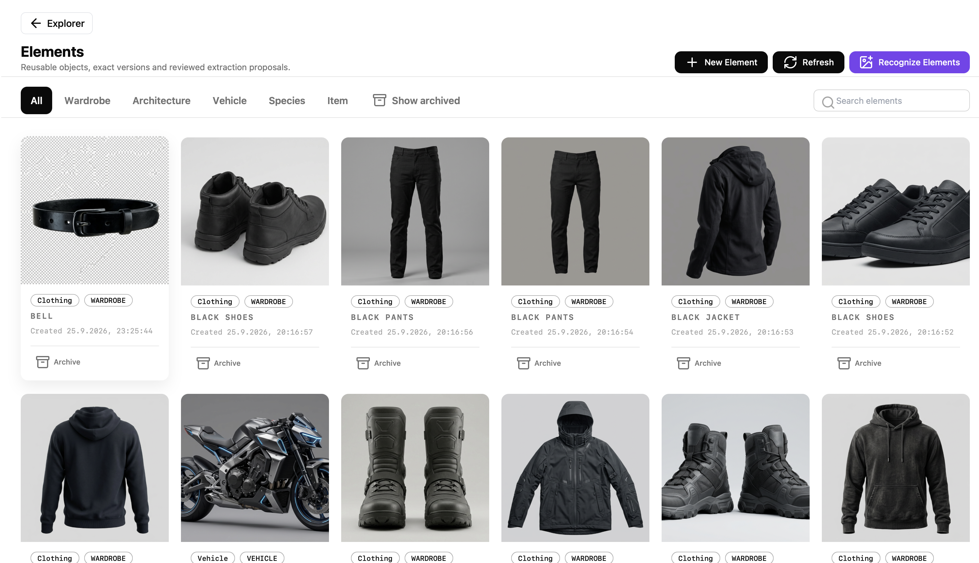 The Elements library showing reusable wardrobe, vehicles, and other visual Elements