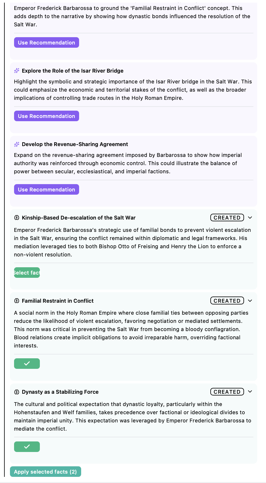 Saganode Narrator separating facts and recommendations